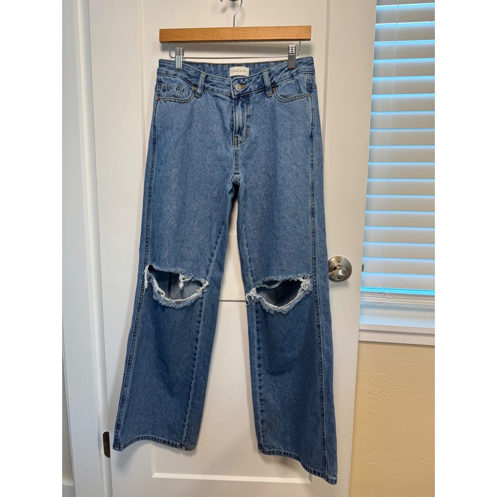 PacSun Low Rise Baggy Jeans Medium Wash Distressed Wide Leg Denim Womens 26